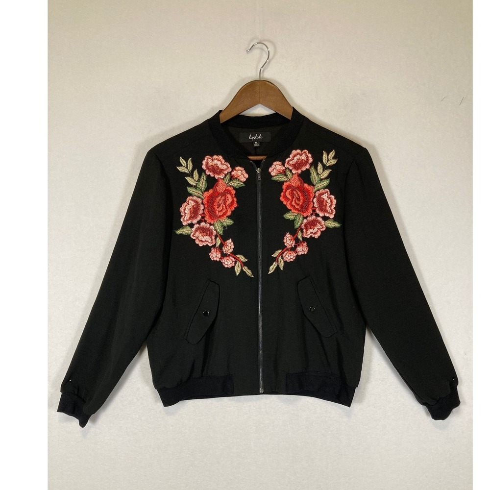 Floral Boho Lipslide Women Medium‎ Black Rose Embroidered Bomber Jacket J94266